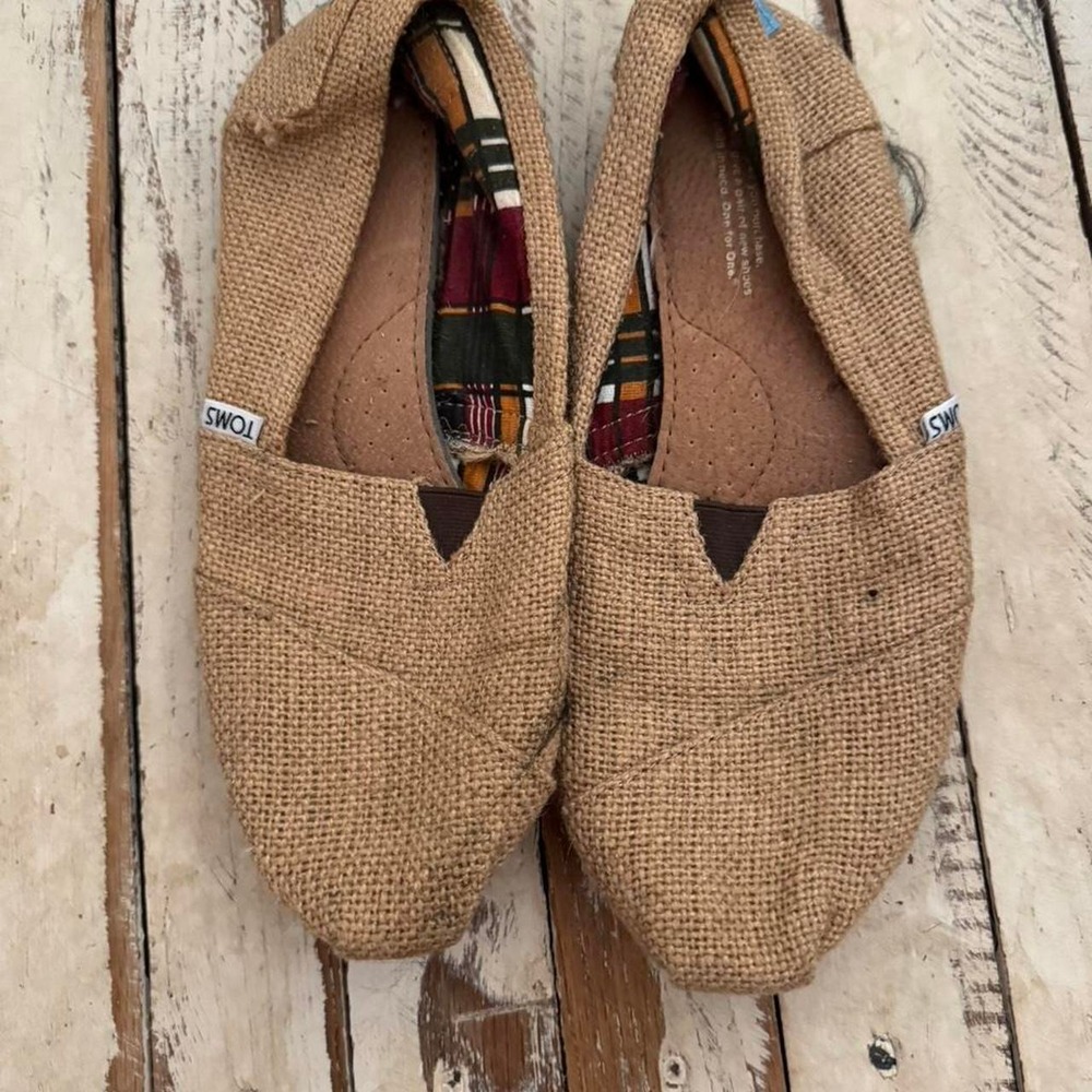 TOMS Classic Alpargata Burlap Tan Slip On Shoes Womens 9 Plaid Lining Flat